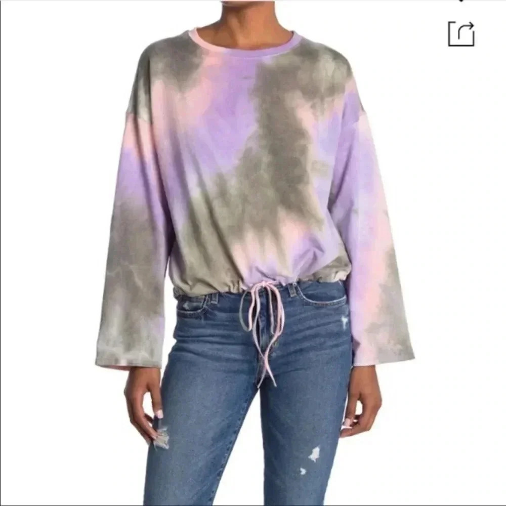 14th & Union Women’s Purple Pink‎ Tie Dye Drawstring Sweatshirt Olive Medium NWT